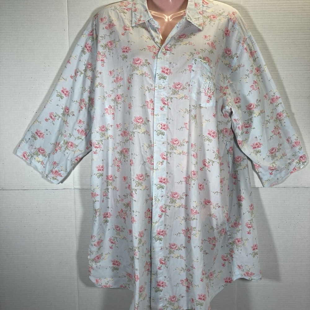 Ralph Lauren Women’s Light Brushed Cotton Night Shirt Delicate Pink Roses